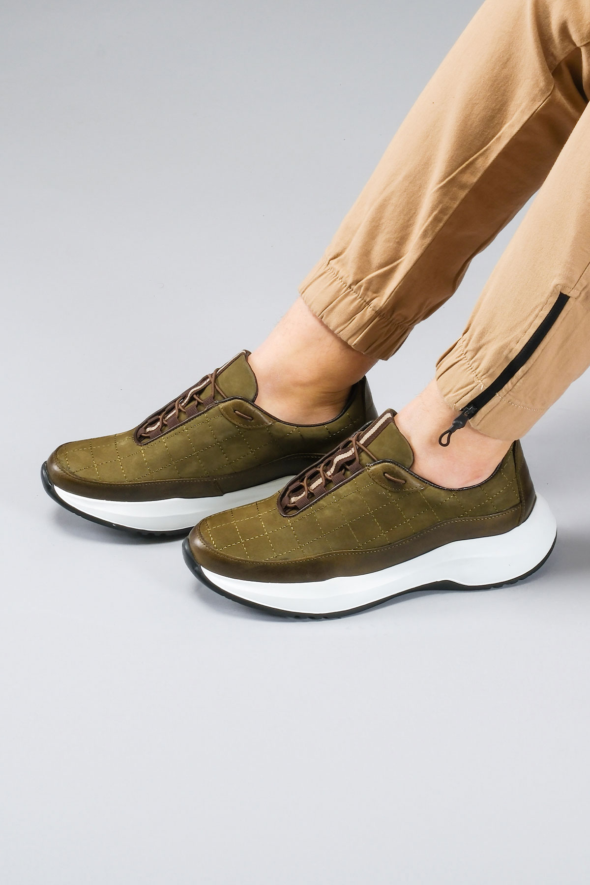 Carfier 2149 202 Haki Yeşil Hakiki Deri Erkek Sneaker Ayakkabı