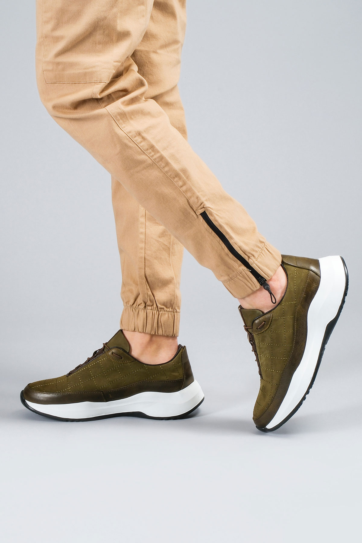 Carfier 2149 202 Haki Yeşil Hakiki Deri Erkek Sneaker Ayakkabı