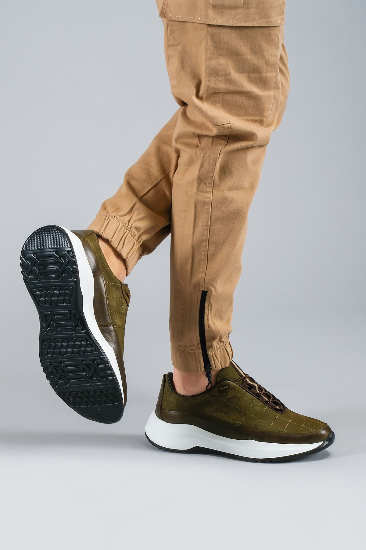 Carfier 2149 202 Haki Yeşil Hakiki Deri Erkek Sneaker Ayakkabı