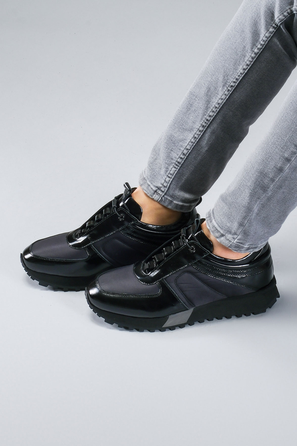 Carfier 2175 408 Siyah Rugan Hakiki Deri Erkek Sneaker Ayakkabı