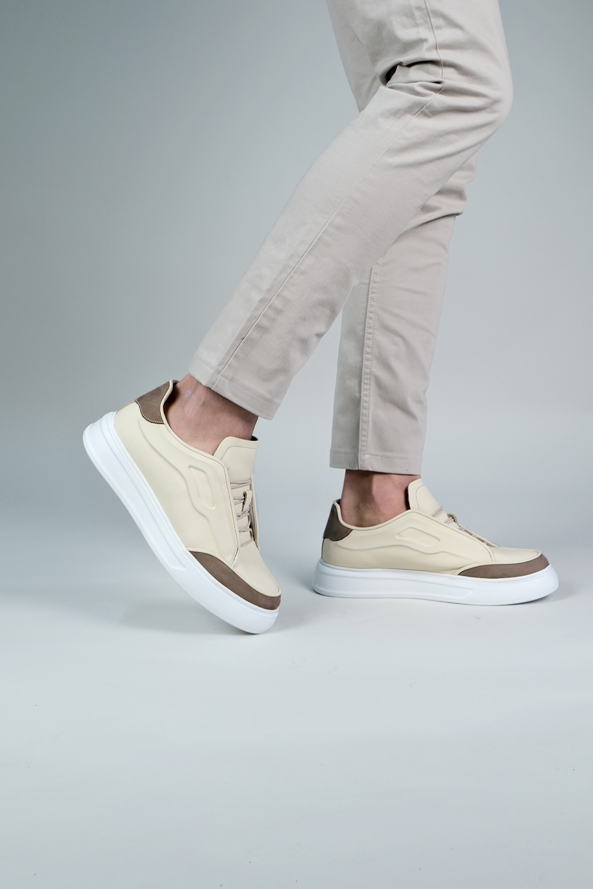 Carfier 2539 Bej Kahve Hakiki Deri Erkek Sneaker Ayakkabı